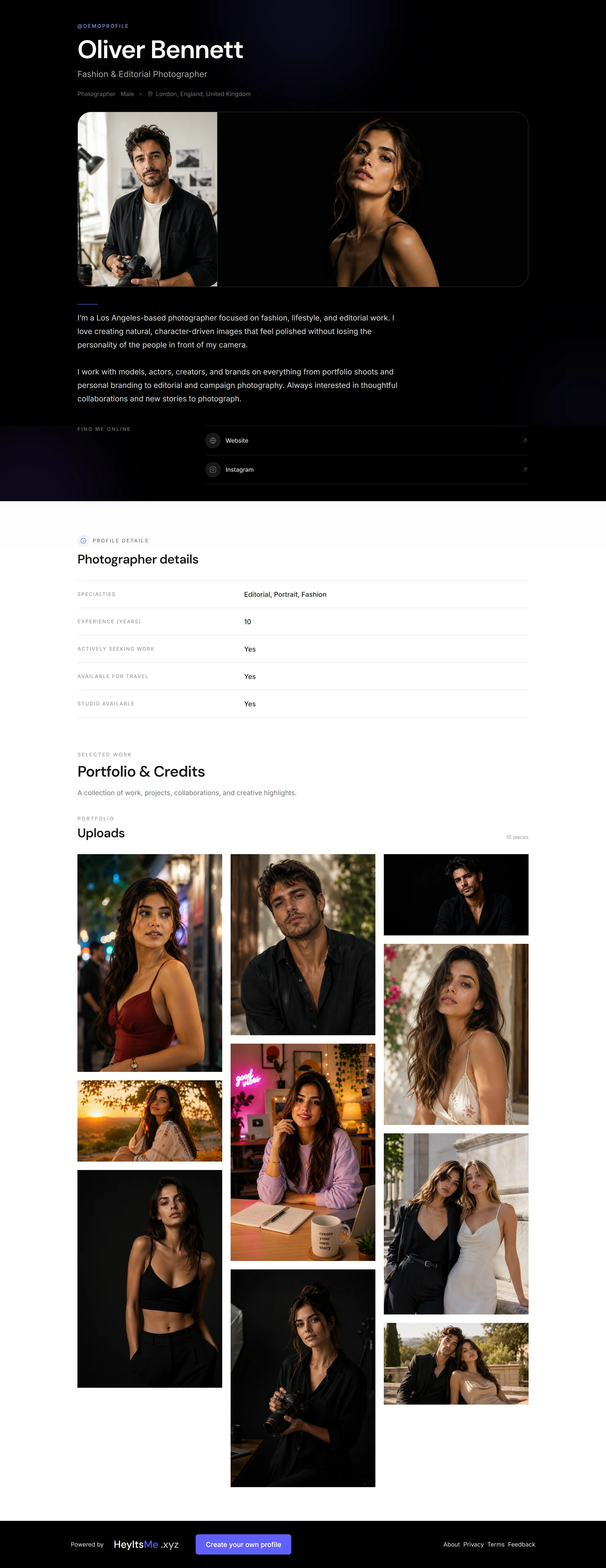 HeyItsMe demo profile shown on desktop